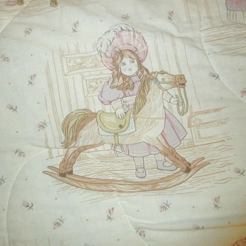 Vtg Victorian Doll Crib Quilt Toddler Bed Reversible Horse Bear Girl Friends